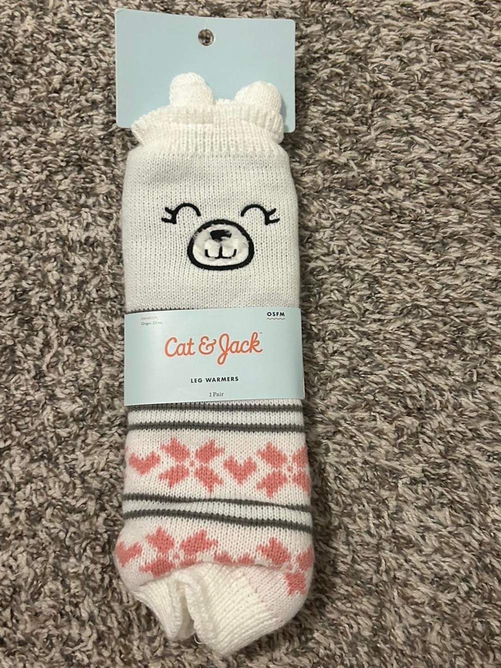 Cat & Jack White Knit Cat Face Leg Warmers with Pink Pattern